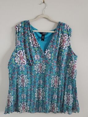 Bisou Bisou Woman Half Pleated  Layered V Neck Sleeveless Teal Top Sz 3X Career